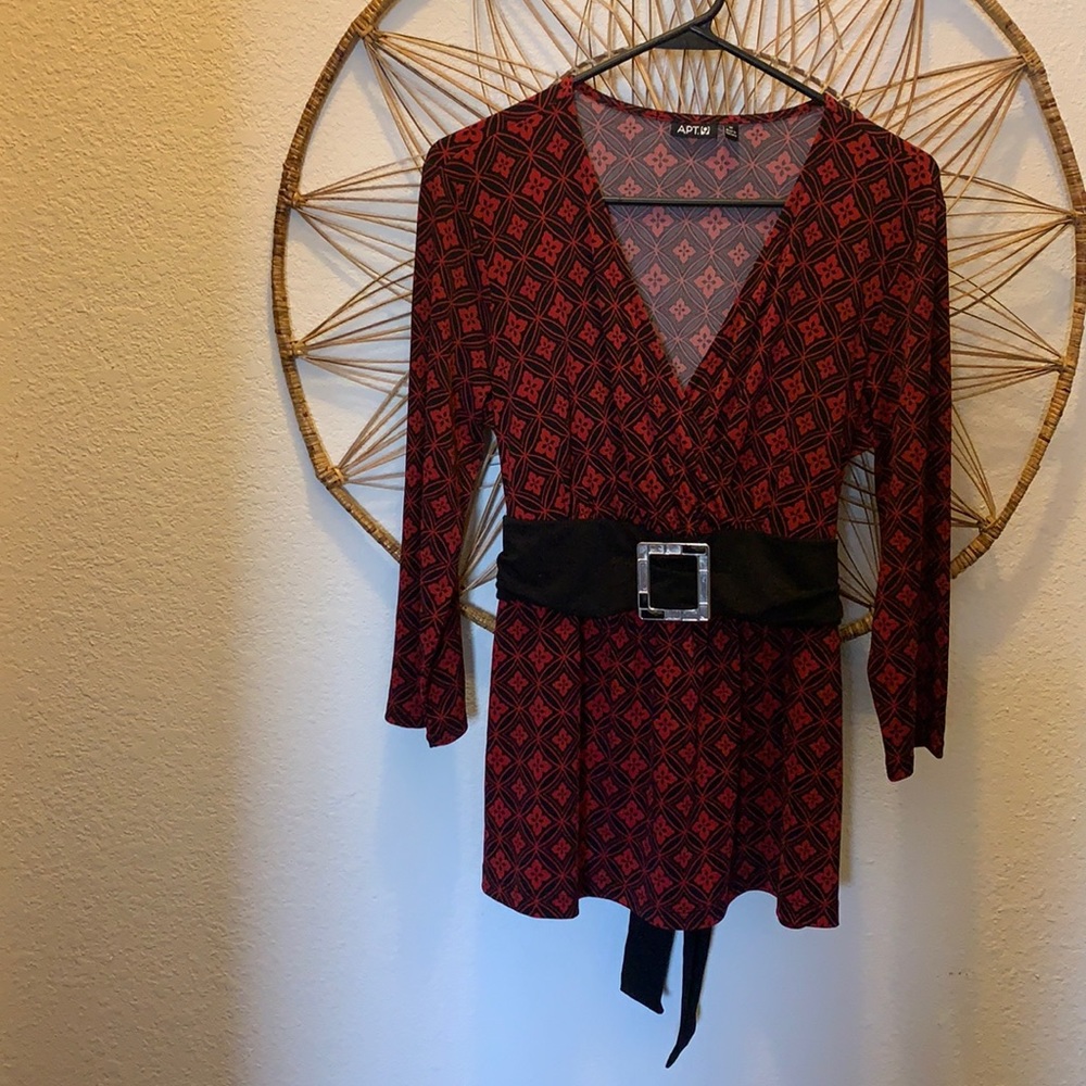 A.P.T.9 Red/Black Blouse with Ties in  Back and Silver Buckle in Front  Size M